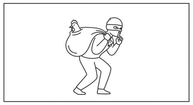 Thief carrying sack with chicken on shoulder, shushing gesture, stealthy escape, cartoon illustration