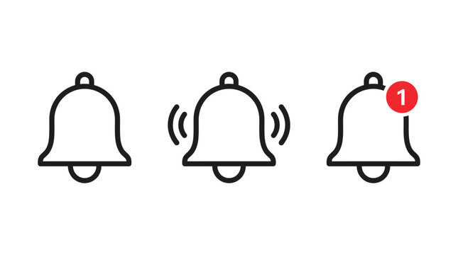 Three black bell notification icons shown in a digital line art style for mobile interface design