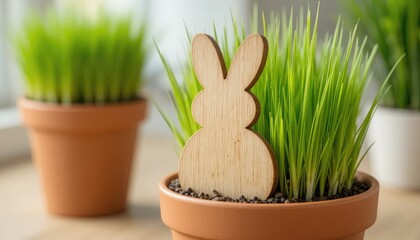 Obraz premium A wooden bunny decoration sitting on top of a potted plant with green grass, with two other potted plants in the background on a table indoors
