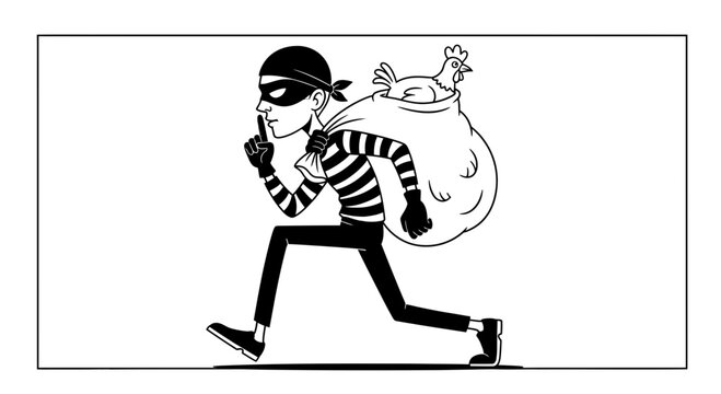 Thief stealing chicken in sack, stealthy burglar with finger on lips, crime concept