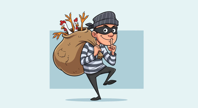 Thief stealing chickens in a sack, cartoon style, sneaky robber with mask and striped clothes