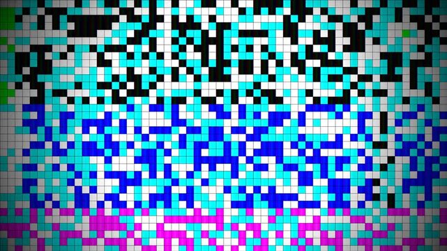 Digital pixel glitch grid with colorful noise interference and flickering data blocks for high tech transition video background