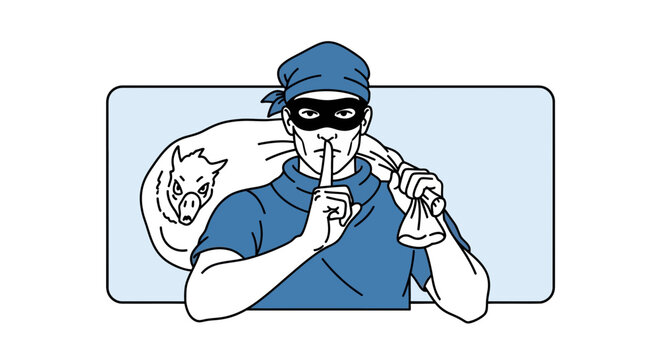 Thief with sack of loot, wearing mask and bandana, signaling silence