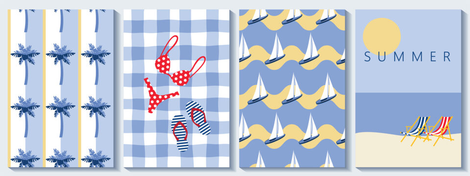 Italian Summer Cards and Coastal Pattern Set with Sailboats, Palm Trees and Retro Beach Vacation Aesthetic