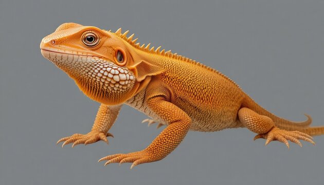 A vibrant orange bearded dragon lizard standing on a gray background with its claws outstretched and spiky scales visible on its back and head