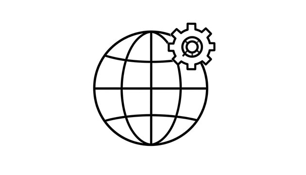 A simple black line drawing of a globe with a gear