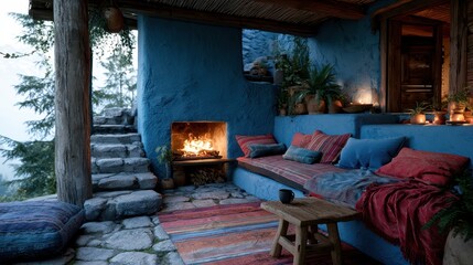 Fototapeta premium Cozy blue outdoor seating area with a fireplace and mountain views
