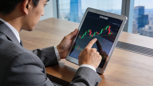 Businessman Analyzing Ethereum ETH USD Crypto Trading Chart on Tablet
