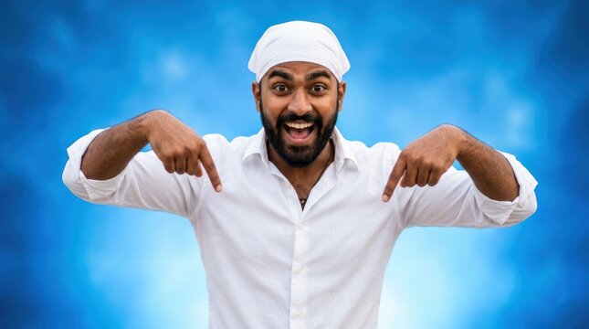 Excited young man with a beard wearing a white head wrap and shirt
