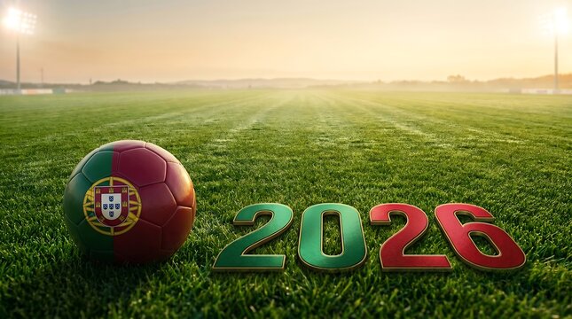 Soccer ball with portugal flag on green field with 2026 text
