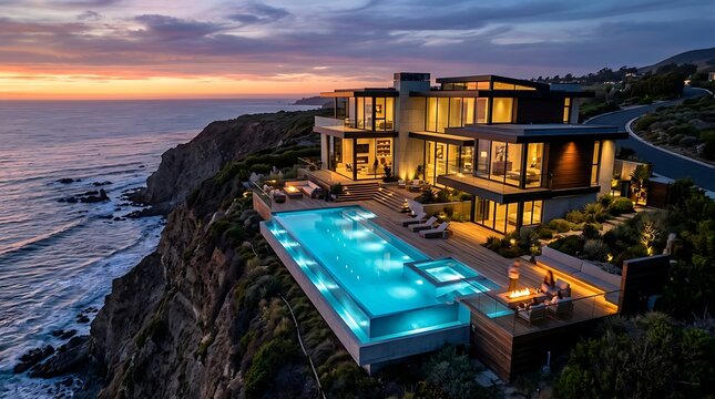 Modern luxury mansion with infinity pool on ocean cliffside at sunset, infinity