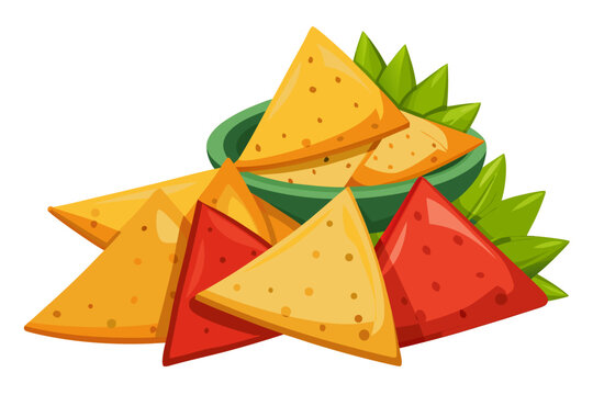 Colorful illustration of samosas in a bowl with green leaves and various triangular food items