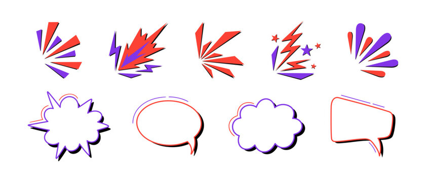 Comic speech bubbles and bright explosion elements set. Collection of blank dialogue cloud frames, lightning bolts, geometric rays, and speed sparks isolated on transparent background.