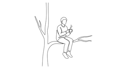Fototapeta premium Person sitting on tree branch holding mug, minimalist line art, peaceful moment