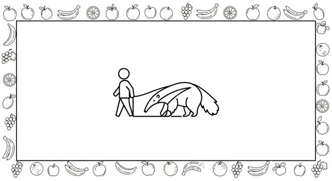 Person walking a giant anteater on a leash, surrounded by a fruit border
