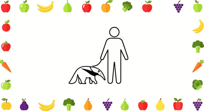 Person walking an anteater on a leash, surrounded by a fruit and vegetable border