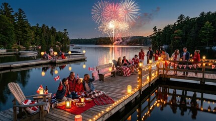 Canadian families celebrate Canada Day with fireworks and sparklers on a lake dock