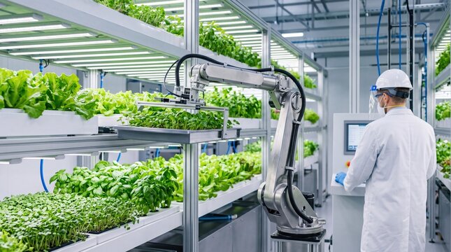 Automated robotic arm harvesting fresh lettuce in vertical farming facility, scientist monitoring hydroponic agriculture system, smart indoor greenhouse technology and sustainable