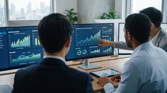 Diverse team of business analysts collaborating around desk examining sustainable finance growth charts and investment performance data on multiple monitors in bright modern