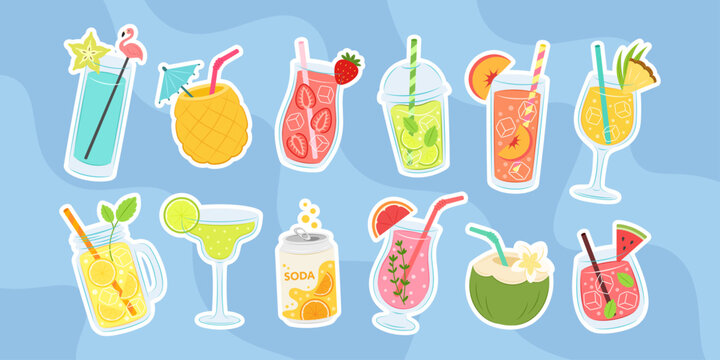Summer cocktails and tropical drinks sticker set. Collection of refreshing cold beverages, fruit juices, soda can, lemonade mason jar, and alcohol smoothies isolated on blue background.