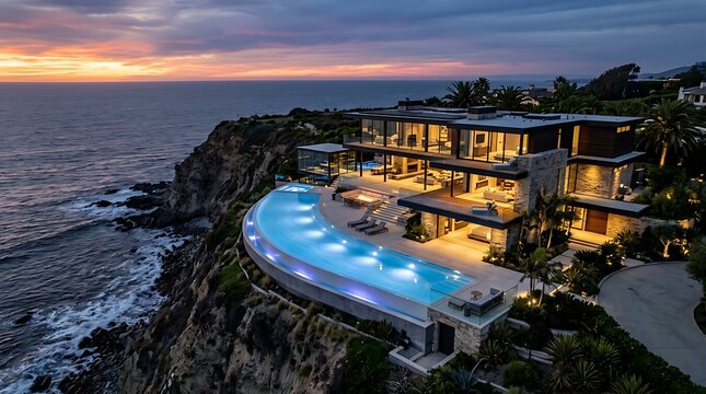 Luxurious contemporary villa with curved infinity pool on coastal cliff