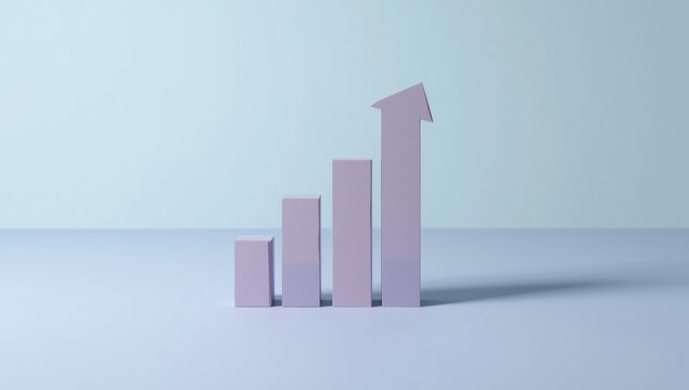 A 3D rendered graph with ascending bars in light purple shades, representing growth and progress on a minimalistic background