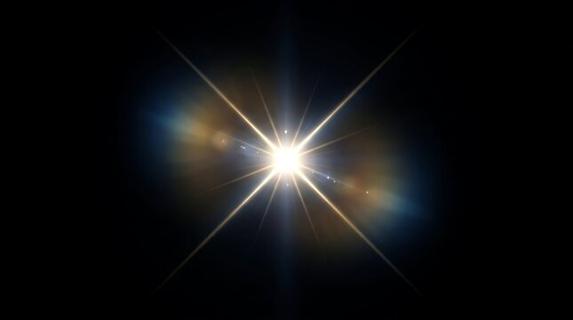 Bright starburst lens flare with rainbow colors on a black background