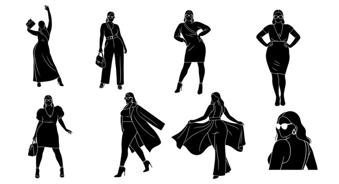 Fashionable plus size women silhouettes in diverse stylish poses