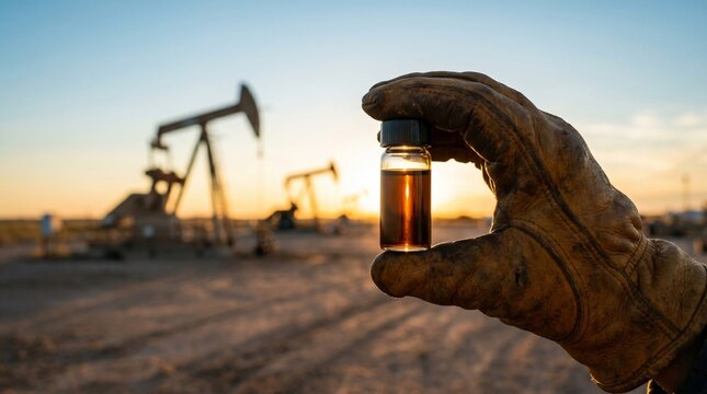 Gloved hand holding oil sample bottle with pumpjacks in background at sunset
