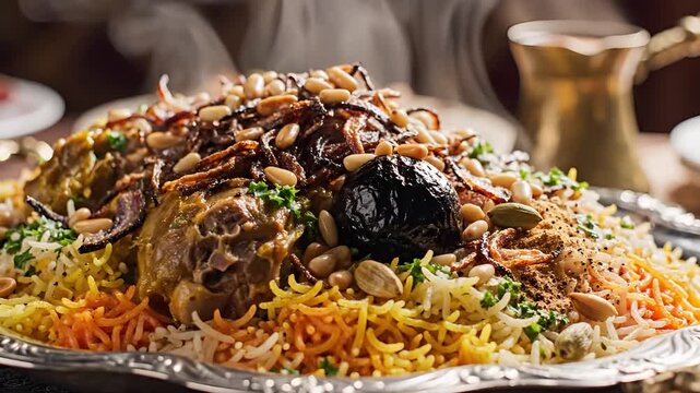 Delicious Middle Eastern Lamb Mandi Rice Dish with Nuts and Dates.
