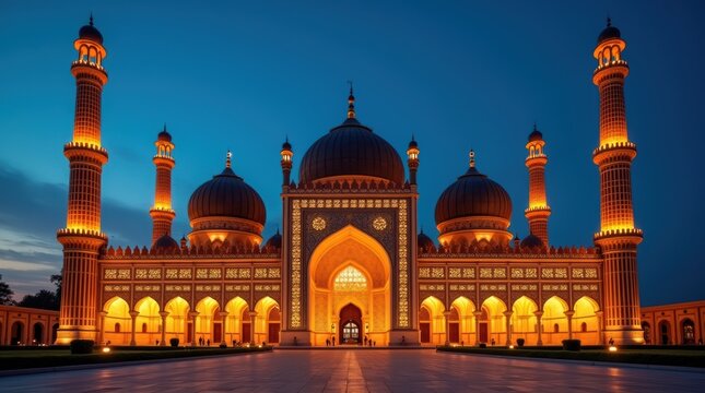 Beautiful badshahi mosque in lahore at night with glowing lights and illuminated architecture against a dark blue evening sky in pakistan