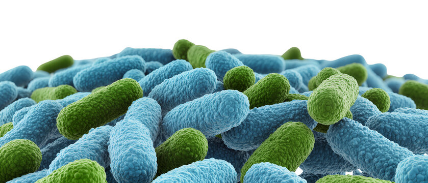 Pile of blue and green rod-shaped bacteria, isolated on transparent background