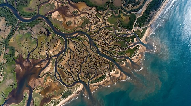 Aerial top down view of intricate river delta network and coastal estuary