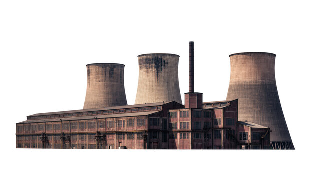 Industrial power plant with cooling towers and chimney, isolated on transparent background