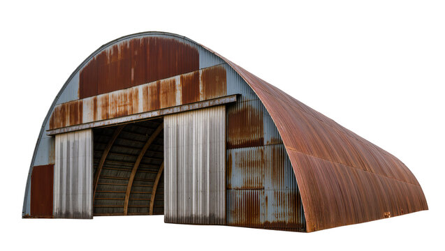 Corrugated metal Quonset hut with sliding doors, isolated on transparent background