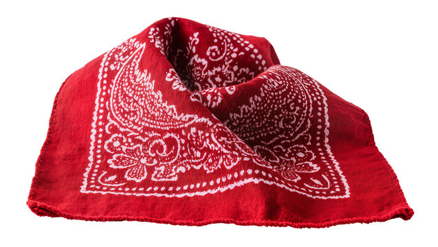 Red paisley bandana fabric with white pattern, isolated on transparent background