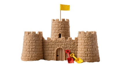 Detailed sandcastle with yellow flag and red and yellow shovels, isolated on transparent background © AnaMaria