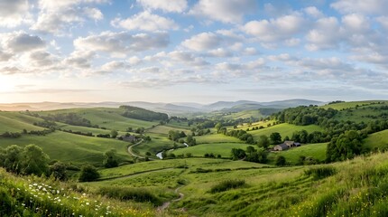 Obraz premium Rolling green hills landscape under a blue sky with fluffy white clouds, scenic countryside valley panorama, rural farmland meadows at sunrise