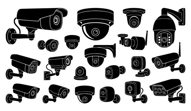 Black surveillance camera silhouette vector set with security monitoring symbols isolated on white background