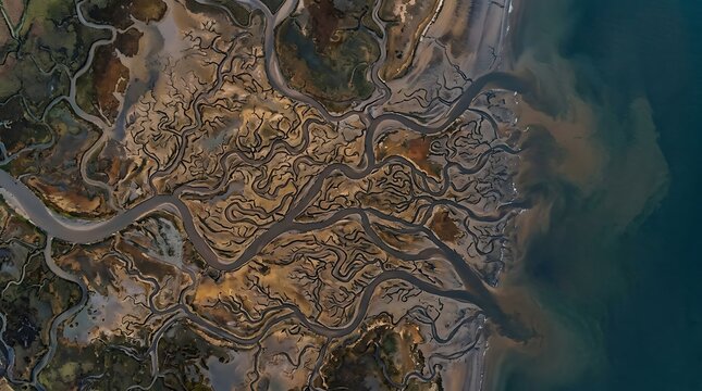 Aerial view of coastal wetland estuary and tidal river channels with landscape