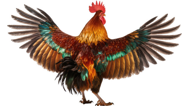 Colorful rooster with spread wings, isolated on transparent background