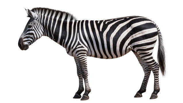 Striped zebra standing profile view, isolated on transparent background