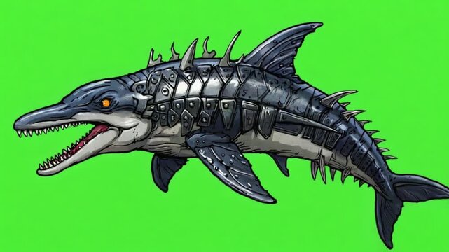 3d robotic cyber shark with glowing eyes swimming in neon green digital ocean