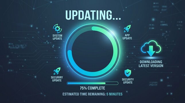 A futuristic updating progress bar with a neon glow on a dark blue background