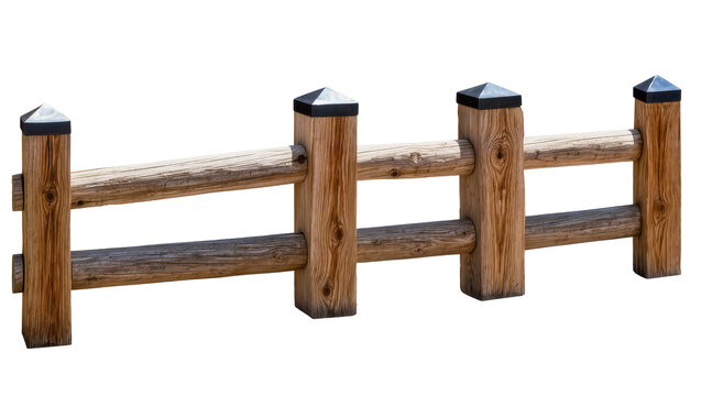 Rustic wooden split rail fence with black caps, isolated on transparent background