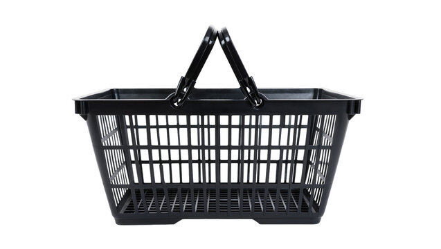 Black plastic shopping basket with handles, isolated on transparent background