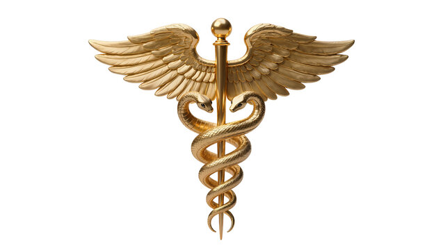 Golden Caduceus symbol with wings and snakes, isolated on transparent background
