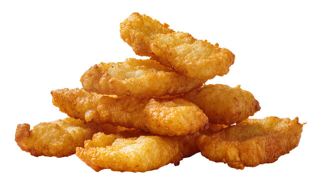 Golden crispy fried fish sticks piled high, isolated on transparent background