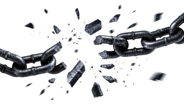 Heavy metal chain breaking apart into fragments, isolated on transparent background