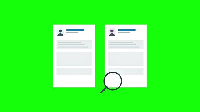 Recruitment process animated with magnifying glass searching and comparing two resumes on a green screen